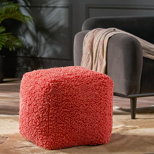 GDFStudio Modern Microfiber Chenille Cube Pouf Ottoman Foot Stool - Bean Bag Floor Chair - Foot Rest Couch for Living Room Bedroom,Coral,16"" x 16"" x 16"", Statha,coral, 314105N - color: Coral, size: 16"