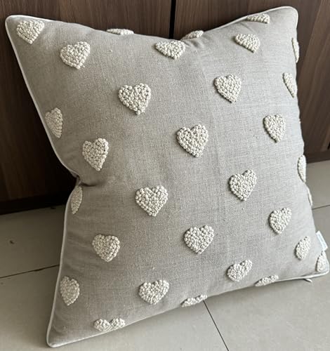 VAGMINE Hand Embroidered Heart Tufted 18x18 Throw Pillow Cover - Natural Linen Square Cushion for Sofa Couch Bed Nursery - Boho Valentine Decor - French Knots - color: Natural-french Knots, size: 18" x 18" (Pack of 1)