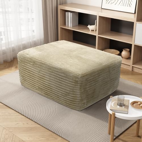 37'' Oversized Ottoman Bench, Plush Corduroy Poufs Foot Tool, Fluffy Boneless Couch Footrest Padded Seat, Seat Cube for Living Room No Assembly (Beige)
