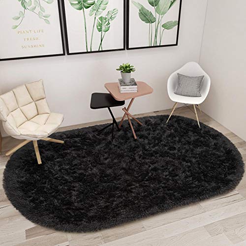 junovo Ultra Soft Washable Shaggy Rug - Non-Slip Oval Carpet for Nursery, Kids Bedroom & Home Decor (2.6x5.3ft Black) | Plush Fluffy Floor Mat for Cozy Living Spaces - color: Black, size: 2.6' x 5.3'