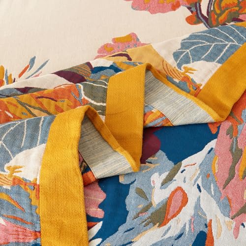 Boho Throw Blanket for Bed Couch- 100% Organic Cotton Muslin 50x60 Inch Fall Blanket Cozy Reversible Breathable Quilt Throw All-Season for Sofa & Bedroom Washable Floral Decor Blankets