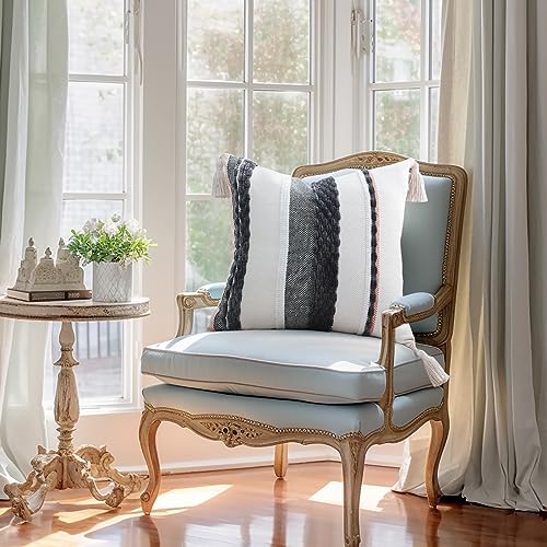decorUhome Boho Decorative Throw Pillow Covers 18x18 Set of 2, Striped Chenille Tufted Pillow Covers with Tassels for Couch Bed Sofa, Cream White and Dark Grey - color: Cream White and Dark Grey