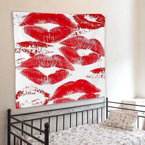 WNAGT Trendy Black and White Kiss Lips Tapestry Wall Hanging, Funky Makeup Wall Decor, Fashion Aesthetic Wall Blanket Decor for Girls Room College Dorm Makeup Room Beauty Room, 50x60 Inch - color: red