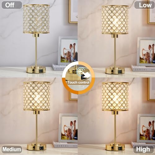 GyroVu Crystal Table Lamp for Bedroom, Touch Control Bedside Lamp with USB-C+A Ports, Dimmable Gold Bedside Lamp with Bulb, Nightstand Lamp Modern Light for Living Room - color: Gold, size: 17"