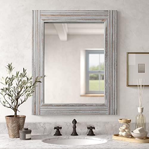 YOSHOOT Hand-Made Wooden Spliced Wall Mirror for Bathroom, Rustic Farmhouse Vanity Mirror, Décor Wall Art, Solid Wood Frame, Vertical or Horizontal Hanging - color: Spliced White Grey, size: 32"L x 24"W