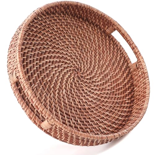 HITOMEN 14.2" Hand-Woven Round Rattan Serving Tray Decorative Ottoman Wicker Platter with Handles for Coffee Table, Breakfast, Drinks, Snack, Bread, Fruit, Vegetables (Honey Brown-L) - color: Honey Brown, size: Large (14.2 inches)