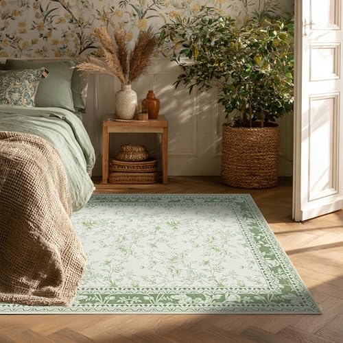 Green and Cream Area Rug 3x5 for Entryway Machine Washable Small Rug for Indoor Kitchen Bedroom Low Pile Vintage Peony Floral Print for Dining Living Room Non-Slip Sage Light Green Boho Decor - color: Sketch Floral Sage Green, size: 3' x 5' (Rectangular)
