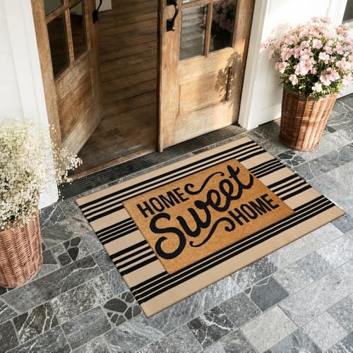KIMODE Outdoor Rug Spring Decor 27.5"x43", Black and Khaki Striped Front Porch Rugs, Reversible Washable Front Door Mats, Hand Woven Welcome Layered Doormat Entryway Rug for Entrance Farmhouse - color: Black and Khaki Stripes, size: 2'4" x 3'7" (Rectangul