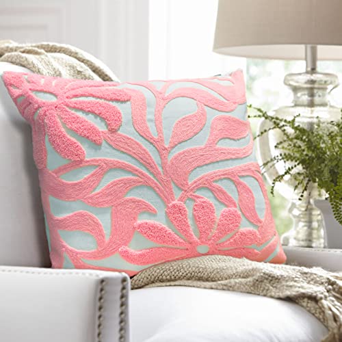 Alysheer Farmhouse Floral Leaves Embroidered Decorative Throw Pillow Cover 18x18 inches, Boho Tufted Flowers Embroidery Pattern Chic Cotton Cushion Case for Couch Bed Sofa Living Room(Light Pink) - color: Light Pink, size: 18" x 18" (Pack of 1)
