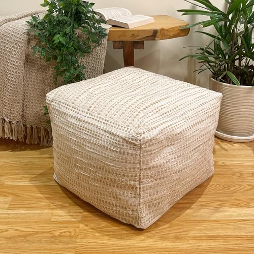 Chardin home Unstuffed Ottoman, Cozy & Bohemian Pouf Covers, Hand Crafted Casual Seating, Footrest, Square Floor Pillow for Home, Office, Bedroom, Living Room, 16.5" x 16.5"x 12.9", Beige-Off White - color: Beige-cream, size: 16.5"D x 16.5"W x 12.9"H