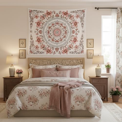 Motanber Pink Floral Tapestry Wall Hanging Boho Mandala Medallion Tapestry Aesthetic Watercolor Flower Cute Small Tapestries for Bedroom Living Room Dorm Decor 60 x 44 Inch - color: Light Pink, size: 60"L x 44"W