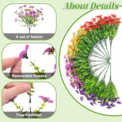 Ammyoo Artificial Faux Hanging Plants Flowers Basket for Spring Outdoor Decoration, Fake Silk Daisy UV Resistant Look Real with Eucalyptus Leaves Summer Outside Decor for Home Patio Garden - color: Purple Deep Purple Red Yellow