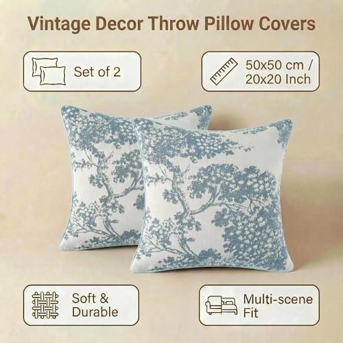 Mantle & Mason Floral 20x20 Throw Pillow Covers Set of 2, French Vintage Woven Jacquard Decorative Accent Pillow Cases for Couch, 430GSM Thick Chenille & Luxury Velvet, Blue - color: Tree Pattern Blue, size: 20" x 20" (Pack of 2)