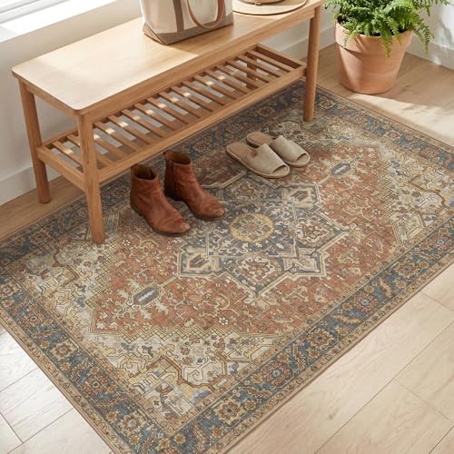 2x3 Washable Small Front Door Terracotta with Vintage Orient Design, Soft Rug for Entryway or Kitchen, Non-Slip Low Pile Stain Resistance Features, Distressed Medallion Pattern - color: 01/Terracotta/Almond/Midnight/Toffee, size: 2' x 3' (Rectangular)