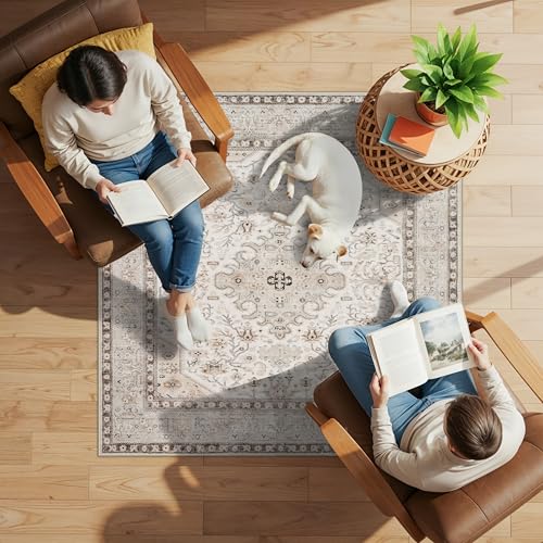 5x5 Rug Square Washable for Entry: Oriental Rugs for Living Room- Ultra Thin Low Pile Stain Resistant Carpet - Home Decor for Vintage Style Lover - 5' Square Ivory - color: Ivory, size: 5' x 5' (Square)
