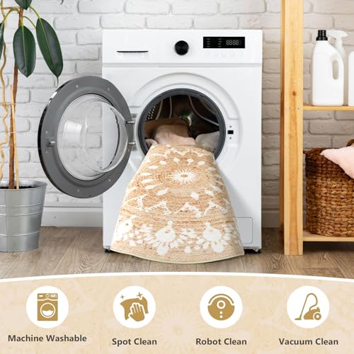 Asrug Imitation Jute Low Pile Round Rug Area Rug Washable Non-Slip Circle Rug Soft Plush Touch Circle Rugs Round for Kitchen Bathroom Living Bedroom Nursery, Carpet 3ft /36 inch/91 cm Brown - color: Beigefloral, size: 3ft