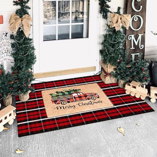 KIMODE Christmas Door Mat Outdoor 24"X51",Red/Black Buffalo Plaid Rug,Washable Cotton Hand-Woven Layered Door Mats,Reversible Outdoor Christmas Decor for Front Porch,Entryway,Kitchen - color: Christmas Red, size: 2' x 4'3" (Rectangular)