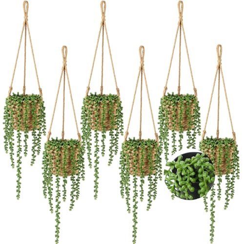 Giegxin Summer Mini Hanging Artificial Plant with Woven Basket Boho Fake Plants Ivy Faux Vines Eucalyptus Leaf for Indoor Home Wall Shelf Decor(6 Set,Green,Hanging Plant Basket) - size: Hanging Plant Basket