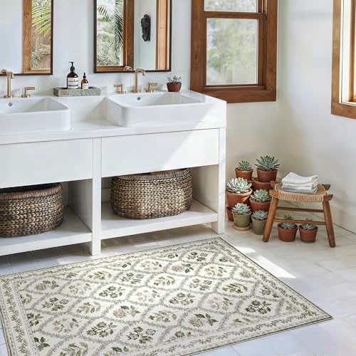 Green and Beige Rugs 4x6 Nursery Area Rugs Washable for Living Room, Christmas Faux Wool Soft Floral Boho Vintage Indoor Carpet for Bedroom, Dark Emerald Olive Green Flower and Leaf - color: Olive / Beige, size: 4' x 6' (Rectangular)