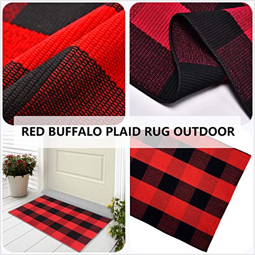 Winwinplus Buffalo Plaid Rug Outdoor Front Porch Decor Farmhouse Checkered Decor Doormat 2'x4.3', Red and Black Plaid - color: Red and Black Plaid, size: 23.6'' x 51.1''