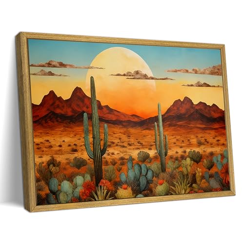 Framed Western Desert Sunset Cactus Wall Art, Vintage Southwest Nature Landscape Canvas Print, Rustic Wall Decor Picture, Boho Mexican Oil Painting for Living Room Bedroom Office bathroom 16x24 Inch - color: Landscape Painting C, size: 24"L x 16"W