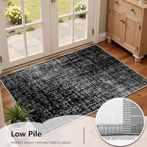 Black and White Area Rug, 4x6 Rug, Modern Abstract Carpet for Bedroom, Minimalist Distressed Washable Rugs, Contemporary Rugs for Living Room, Office, House Decor, Low Pile Carpet Non Slip - color: Black1, size: 4x6 ft