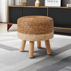 YMYNY Foot Stool Natural Seagrass Hand Weave, 12.6" Small Ottoman, Round Footrest for Living Room, Bedroom, Entryway, Change Shoes Stool, Non-Skid Wood Legs, Boho, Natural+White, UHBD027W
