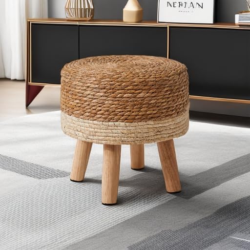 YMYNY Foot Stool Natural Seagrass Hand Weave, 12.6" Small Ottoman, Round Footrest for Living Room, Bedroom, Entryway, Change Shoes Stool, Non-Skid Wood Legs, Boho, Natural+White, UHBD027W