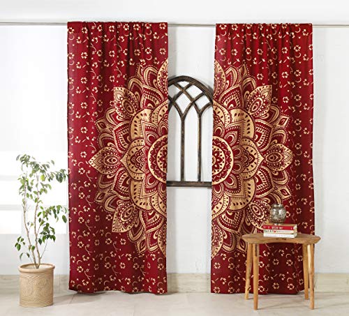Popular Handicrafts Indian Hippie Bohemian Beautiful Ombre Maroon Color Mandala Curtain Panels Gold - color: Maroon Gold, size: 38"W x 83"L (Pack of 2)