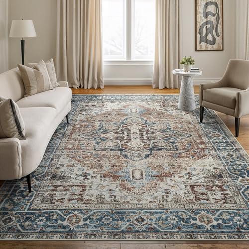 Bloom Rugs Caria Washable Non-Slip 6x9 Rug - Terracotta/Blue Traditional Area Rug for Living Room, Bedroom, Dining Room, and Kitchen - Exact Size: 6' x 9' - color: Terracotta / Blue, size: 6' x 9' (Rectangular)