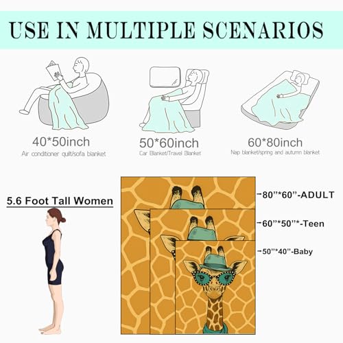 Hipster Giraffe Fleece Blanket,50x60in,Funny Animal Illustration Glasses and Hat Throw Blankets,Soft Cozy Lightweight, Ideal for Whimsical Bed Living Room Home Decor,Gifts - color: Giraffe, size: 50x60 Inch