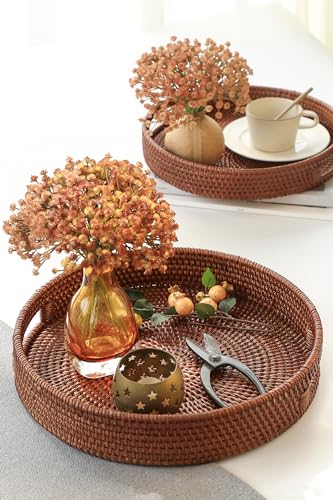 HITOMEN 14.2" Hand-Woven Round Rattan Serving Tray Decorative Ottoman Wicker Platter with Handles for Coffee Table, Breakfast, Drinks, Snack, Bread, Fruit, Vegetables (Brown - L) - color: Brown, size: Large (14.2 inches)