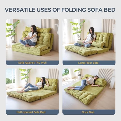 MAXYOYO Folding Sofa Bed, Tufted Bean Bag Bed with Pillows Floor Couch for Adults, Extra Thick and Long Floor Sofa, Full Floor Couch Bed for Bedroom Living Room, Green, 54x91 Inch - color: Green, size: Tufted Full