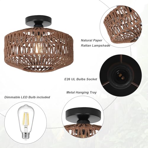 Boho Rattan Light Fixtures, Dimmable Ceiling Light with LED Bulb, Hand Woven Rattan Chandelier for Bedroom, Living Room, Entryway (Dark Brown) - color: Dark-Brown