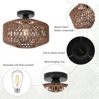 Boho Rattan Light Fixtures, Dimmable Ceiling Light with LED Bulb, Hand Woven Rattan Chandelier for Bedroom, Living Room, Entryway (Dark Brown) - color: Dark-Brown