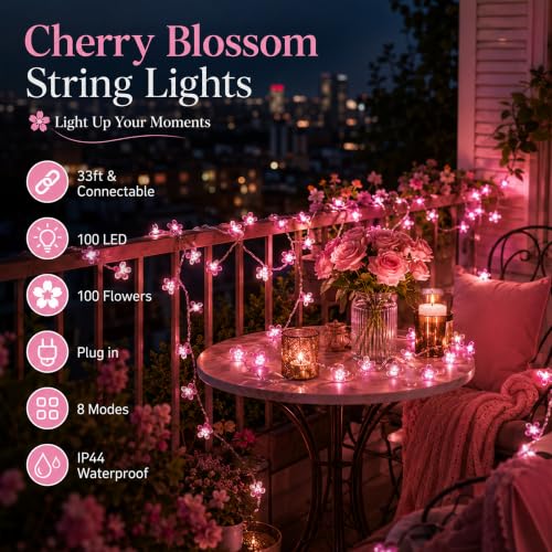 33ft 100 LED Plug in Fairy Lights, Pink Christmas Flower String Lights | 8 Modes Ip44 Waterproof Connectable Extendable Floral Lamp For Valentine'S Day, Wedding Party, Bedroom, Indoor Outdoor Decor - color: 100 LED Pink