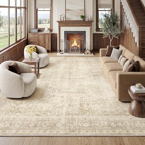 FMFUNCTEX 8x10 Washable Area Rug Beige Neutral Vintage Distressed Oriental Large Non Slip Carpet for Living Room Bedroom Traditional Retro Soft Low Pile Indoor Rugs for Dining Room Office Nursery - color: Beige, size: 8' x 10' (Rectangular)