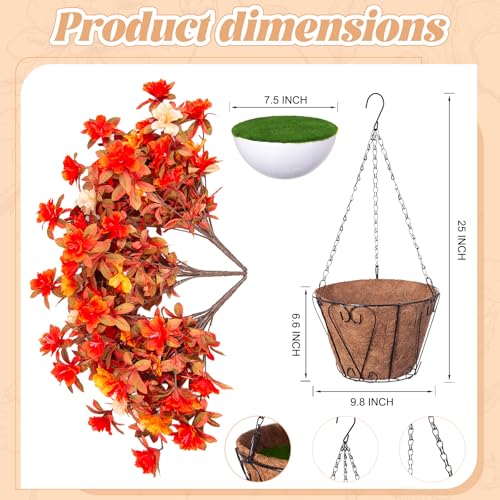 Ammyoo Fall Flowers with Hanging Basket Artificial for Decoration, Fake Silk Rhododendron Flowers for Outdoors, UV Resistant No Fade Floral for Home Garden Balcony Porch Patio Wedding Party Decor - color: Z-orange Yellow White With Basket