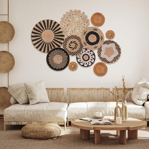 Boho Wall Basket Decor Set of 11 - Hanging Woven Bulrush Basket Wall Decor, Handcrafted Round Flat Baskets Wall Art, for Rustic Farmhouse、Home - Unique Rattan Wicker Wall Decor（Black Retro） - style: Black Retro