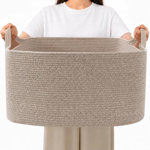 96L Large Blanket Basket,24"x16"x15"Rectangle Storage Bin with Handles,Woven Rope Laundry Basket for Toys, Clothes,Magazines,Home Organization,Nursery,Living Room & Bedroom,Brown - color: Brown, size: 24"x16"x15"(96L)