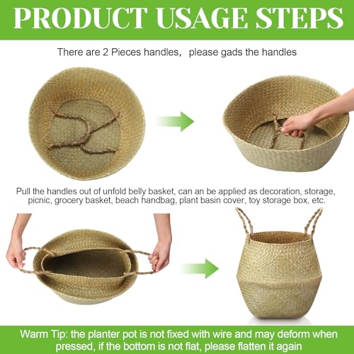 Qunclay 4 Pcs Woven Seagrass Baskets Belly Basket Folding Boho Natural Plant Pot with Handles Round Decorative Wicker Large Indoor Planter for Home Outdoor Tree Planters Decor (XL,12''dx13.8''h) - size: XL,12''Dx13.8''H