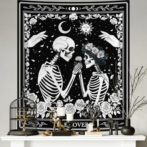 Tichgeim Skeleton Lovers Black and White Tapestry Wall Hanging, Gothic Witchy Lovers Skull Vertical Tapestries, Sun and Moon Flowers Card Wall Decor for Bedroom Living Room 51n × 60in - color: Gothic Lovers Tapestry, size: 60"L x 51"W