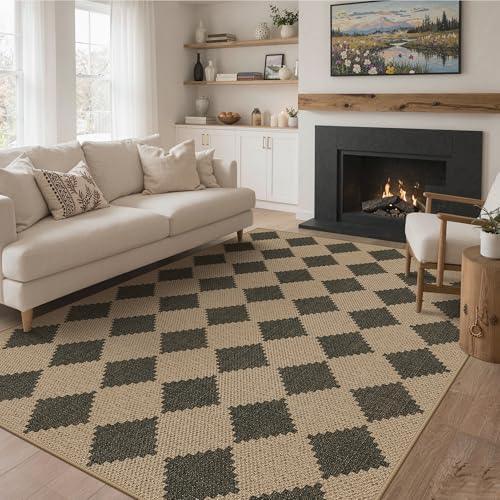 Bavni Checkered Easy Jute Rug,8x10 Area Rug Machine Washable Non Slip Woven Plaid Carpet, Geometric Diamond Non Shedding Low Pile Modern Farmhouse Floor Mat for Living Room, Bedroom, Dining Room - color: Checkered-3, size: 8X10