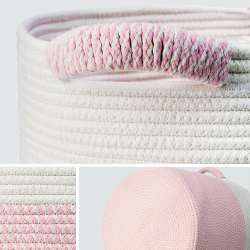 Blanket Basket (16"Dx14"H) - Round Woven Rope Storage for Living Room Throws, Pillows & Laundry- White/Mixed Pink - color: White/Mixed Pink, size: 16" X 16" X 14"