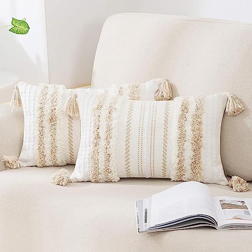 decorUhome Summer Decorative Boho Throw Pillow Covers 12x20 Set of 2, Lumbar Accent Neutral Textured Tufted Pillow Covers Striped for Couch Bed Sofa Living Room, Khaki and Cream White - color: Khaki and Cream White, size: 20" x 12" (Pack of 2)