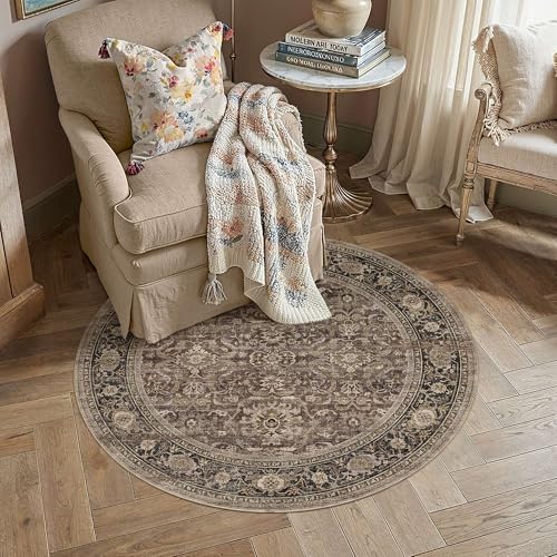 HUGEAR Brown Washable 3x3 Round Area Rugs for Living Room Bedroom Vintage Distressed Neutral Rug Carpet Durable Soft Non Slip & Shedding Stain Resistant Low Pile Indoor Home Decor - color: Retro | Brown, size: 3' (Round)
