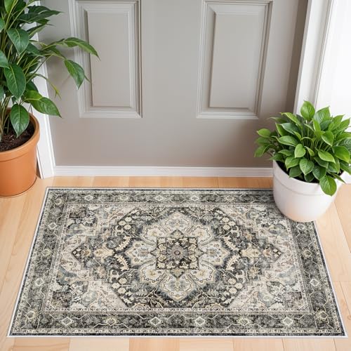 Washable Oriental Area Rug - 2x3 Rugs for Living Room Soft Carpet for Bedroom Waterproof Floral Distressed Indoor Stain Resistant Non-Shedding Floor Carpets (Black/Grey, 2x3) - color: Black/Grey, size: 2' x 3' (Rectangular)