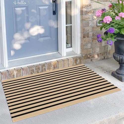 KILOCOCO Striped Rug 2.3'x3.6' Front Door Rug Woven Cotton Washable Stripe Layered Doormats Indoor Outdoor Door Mat for Front Porch/Kitchen/Farmhouse/Entryway/Patio, Brown - color: Brown and Black Stripes, size: 2'4" x 3'7" (Rectangular)