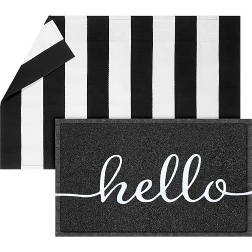 Geelin 2 Pcs 30'' x 18'' Doormat 43'' x 27.5'' Black and White Layered Rug for Front Door Mat Outside Entrance Welcome Door Mats for Indoor Outdoor Entryway Porch Decor(Stripe Hello) - style: Stripe Hello
