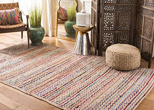 SAFAVIEH Cape Cod Collection Area Rug - 3' Square, Natural & Multi, Handmade Boho Braided Jute, Ideal for High Traffic Areas in Living Room, Bedroom (CAP251A) - size: 3' x 3' (Square)